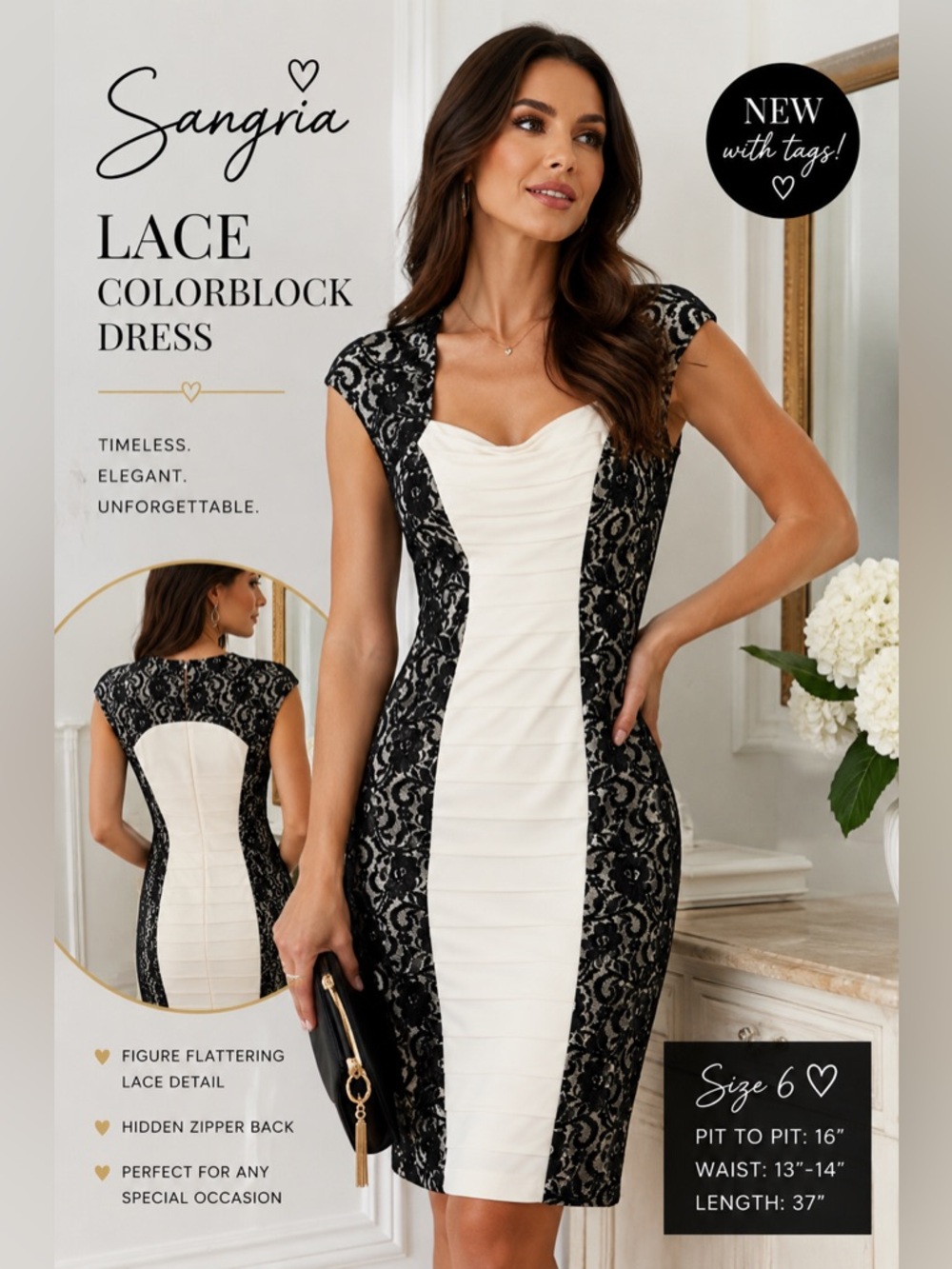 Sangria Black‎ Lace Colorblock Cocktail Dress Size 6 NWT